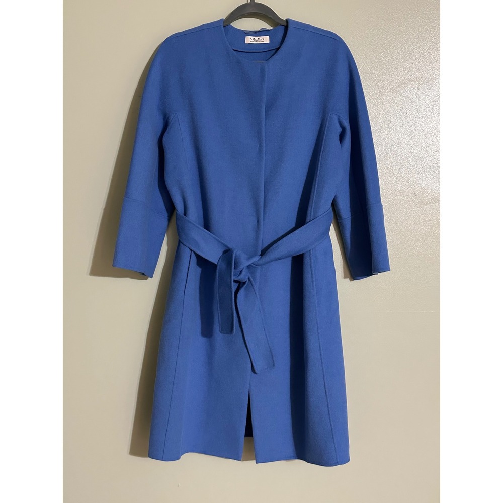 Max Mara Ciro Wool & Angora Coat Collarless Tie Waist Snap Front Women's 8